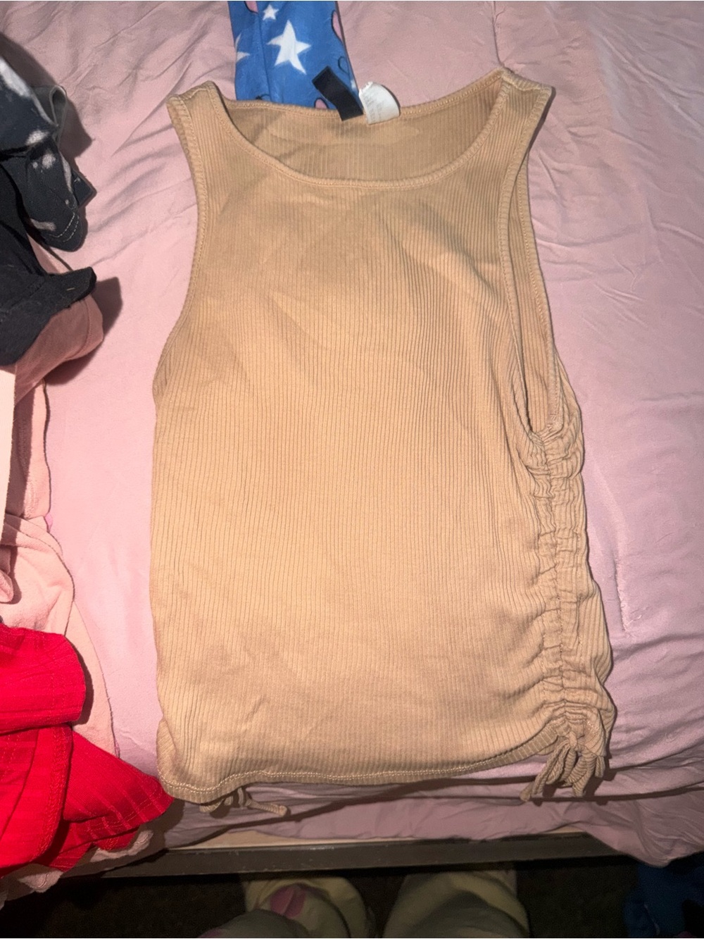 Divided Ribbed Tank Top with Side Drawstring - Tan